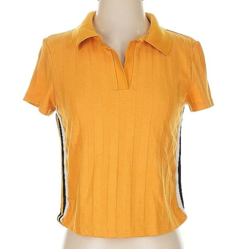 Bershka Gold Fitted Crop Polo Shirt